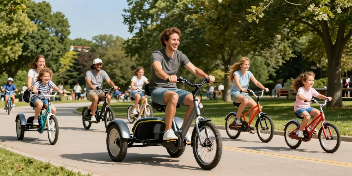 Engaging scene of diverse riders enjoying tricycles in a vibrant outdoor park