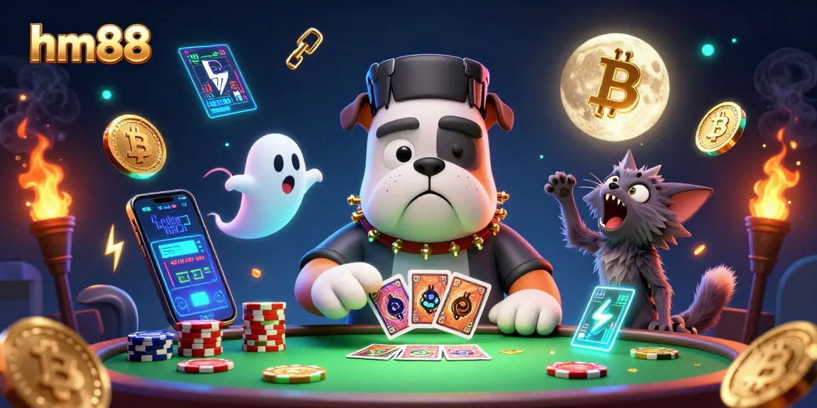 Engage with the lively hm88 casino scene featuring a bulldog monster and a ghostly mouse amidst neon coins and lively gaming.