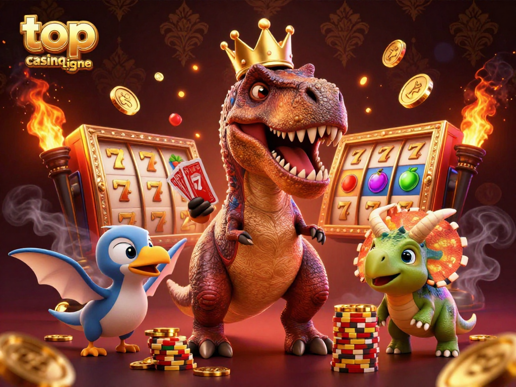 Déplacez-vous dans le top casino en ligne avec une illustration colorée de jeux et de dinosaures.