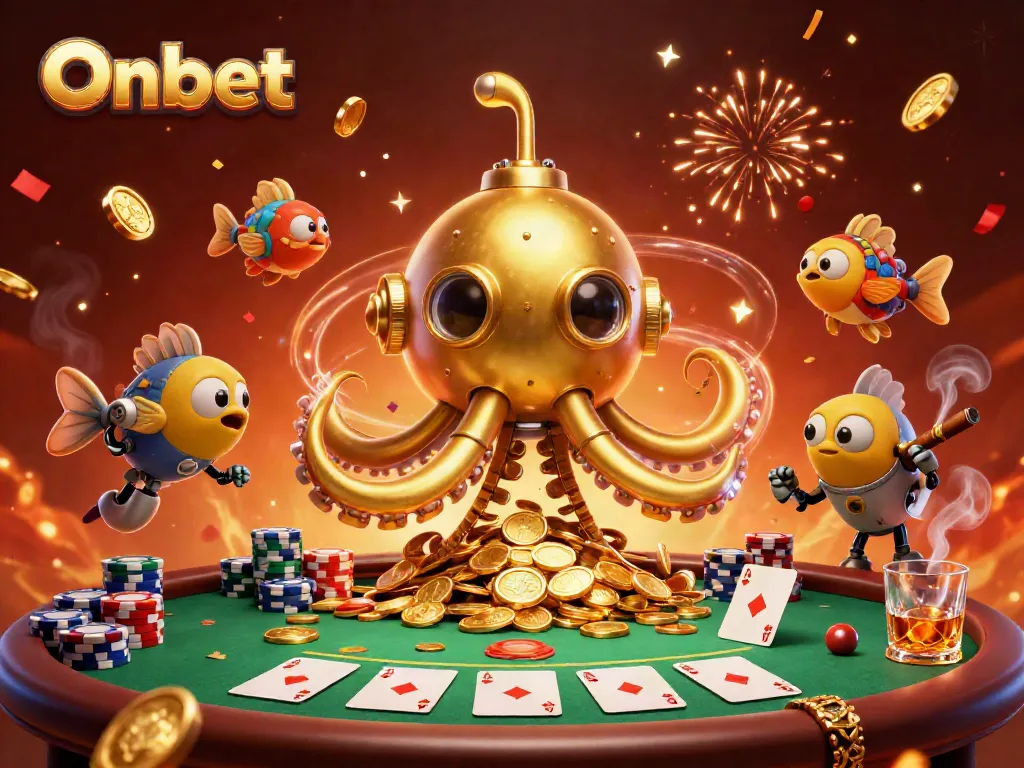 Engage in thrilling games at Onbet with a golden kraken submarine amid golden coins and poker chips.