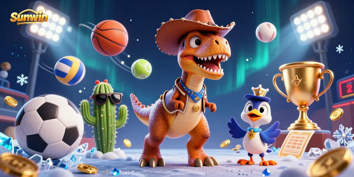 sunwin engages players with a captivating scene of a cowboy T-Rex and sports elements.