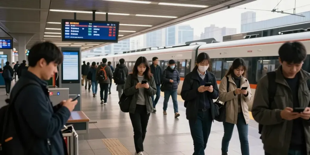 Commuters at urban train station checking for train delays during morning rush hour.