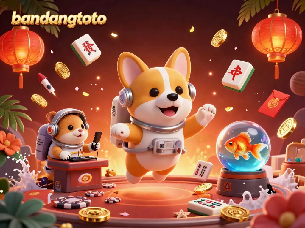 Experience bandungtoto with a vibrant floating casino scene showcasing an astronaut corgi, shimmering coins, and festive decorations.