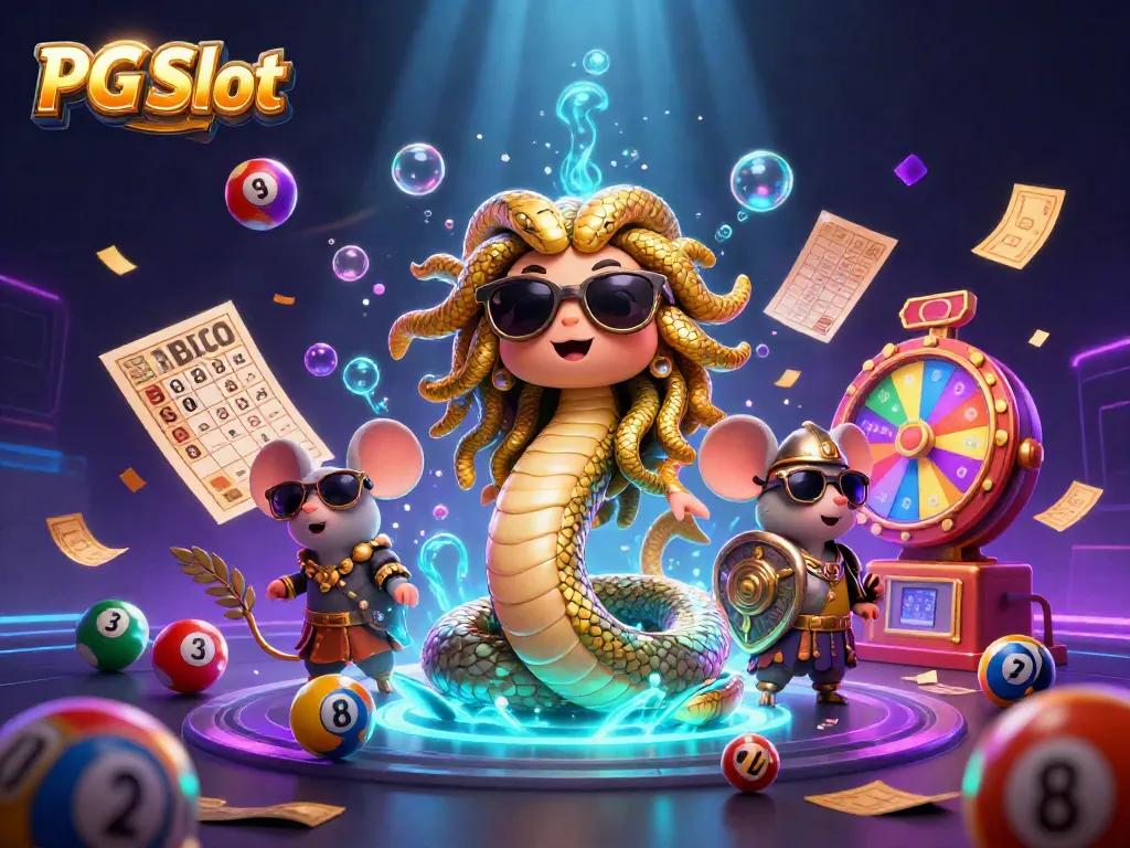 Experience the excitement of PG Slot with Medusa and a warrior mouse in a vibrant, dynamic casino scene.