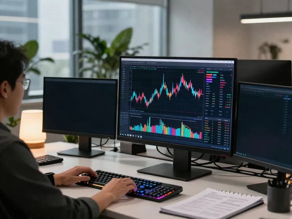 Low latency market data API in a high-tech trading workspace with multiple cryptocurrency exchange interfaces and focused analysis.