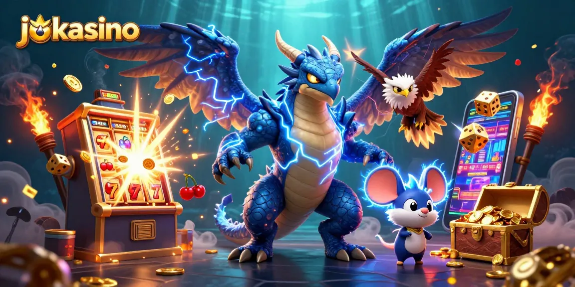 Experience thrilling jackpots with jokacasino's vibrant dragon and hawk characters in this exciting scene