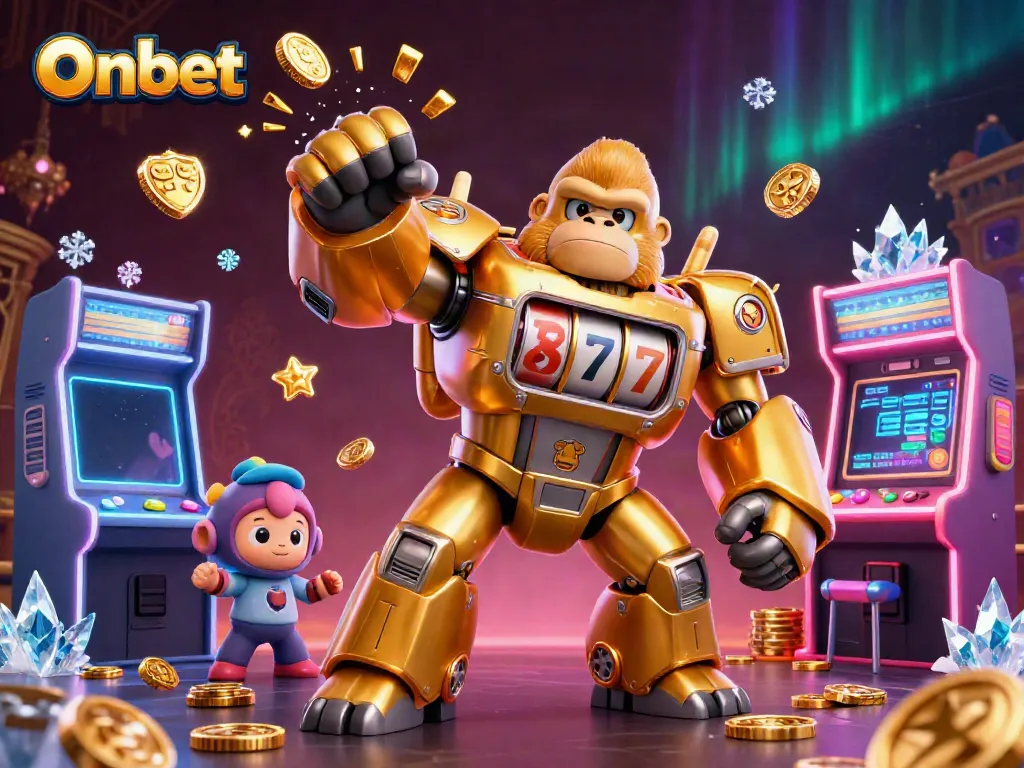 Experience winning excitement at Onbet with vibrant gaming elements and a dynamic golden gorilla mech illustration.