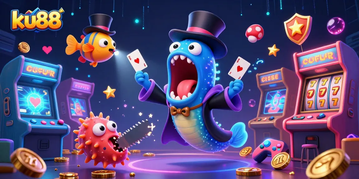 Engage with ku88's vibrant gaming scene featuring a magical eel performing tricks amid rich casino elements.