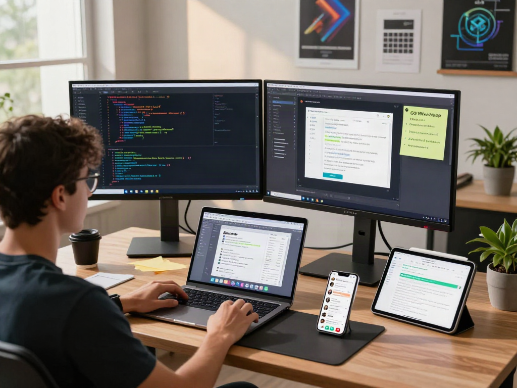 Developer enhancing GB WhatsApp features in a modern workspace, showcasing coding and user feedback.