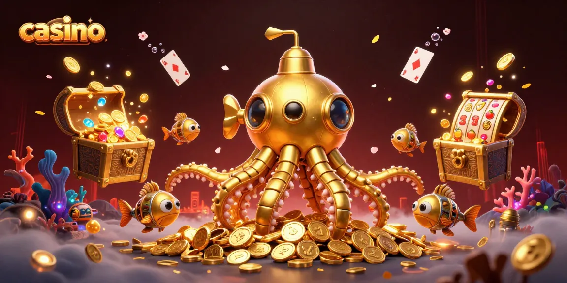 Explore the excitement of a casino with a golden kraken submarine and vibrant game elements.