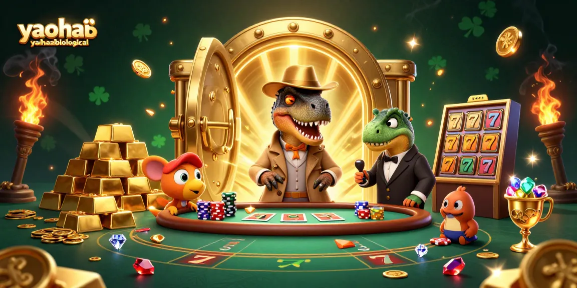 Experience thrilling gaming with yaohaibiological and a velociraptor card counter in a vibrant casino scene.