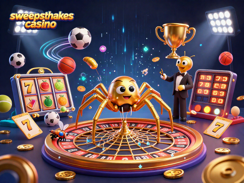 Experience the excitement of a sweepstakes casino with vibrant characters and winning symbols.
