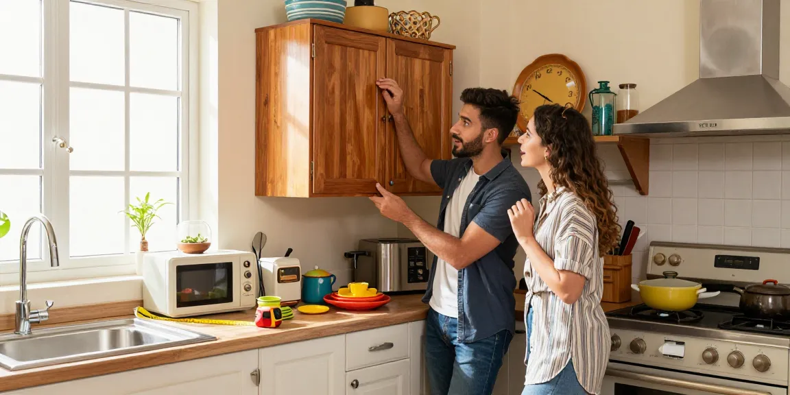 شراء مطابخ مستعملة بالرياض explored in a cozy kitchen scene with couples examining vintage cabinets and appliances.