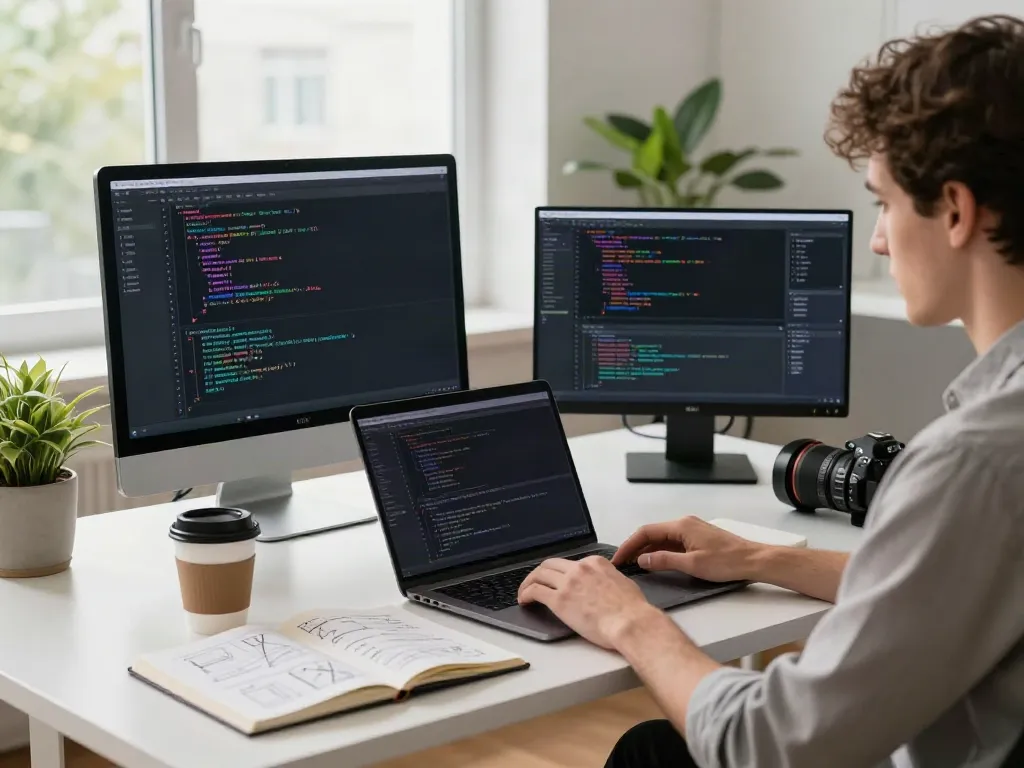 Brave developer coding in a modern workspace, showcasing dual monitors and natural light.