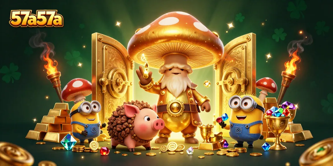 Aproveite o mundo mágico do 57a57a com um mago, porco e minions em busca de tesouros.