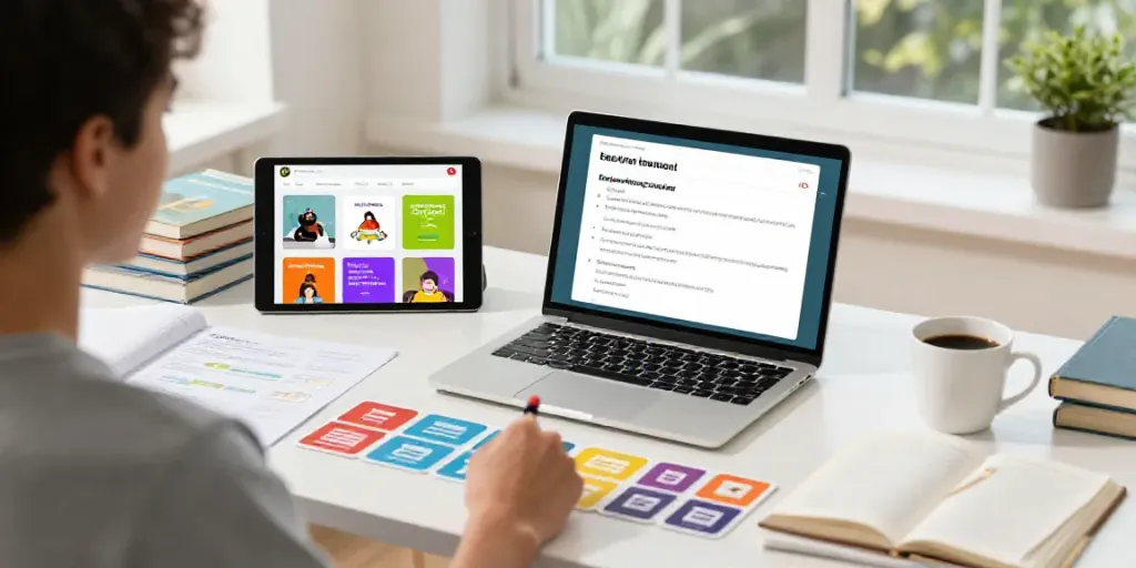 Student studying English online with Toto materials in a cozy home office.