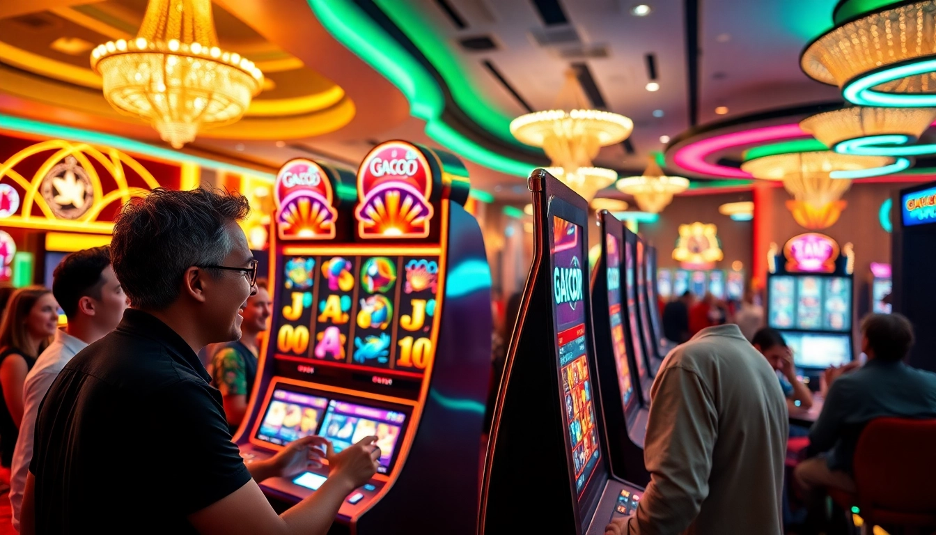 Menang besar di slot gacor dengan pemain bersemangat di kasino yang cerah.