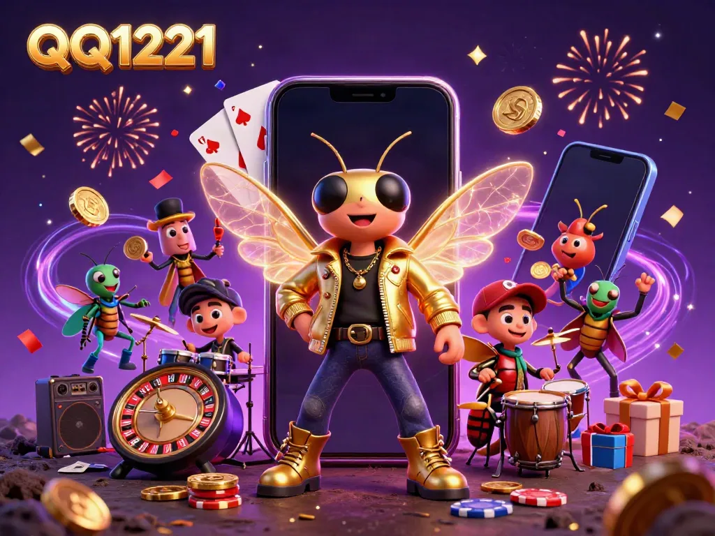 QQ1221 offers vibrant gaming action featuring a rock star cicada, animated slot game, and dazzling elements.