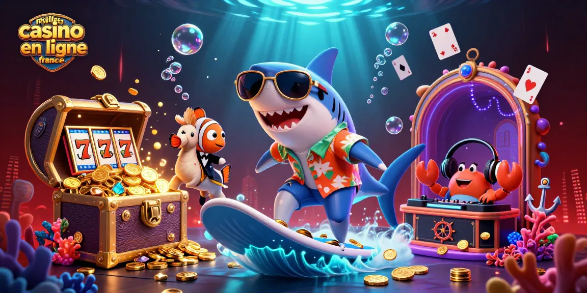 Illustration dynamique de meilleur casino en ligne France avec un requin caricatural et des jeux de casino, créant une ambiance festive.
