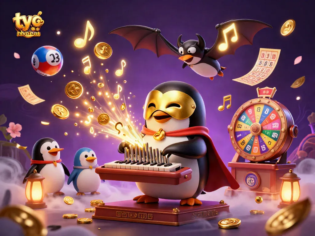 Bet on ty le keo nha cai with a festive scene of a penguin organist and dynamic elements