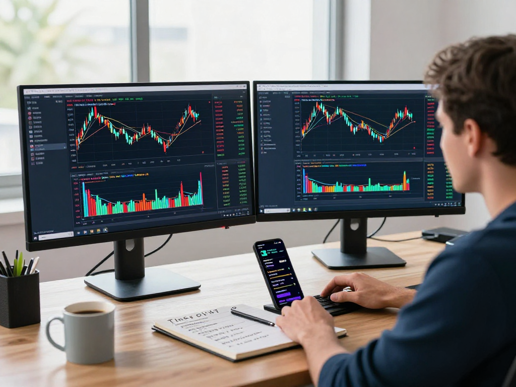 在TradingView官网上，交易者在现代办公环境中分析市场数据和追踪价格提醒。