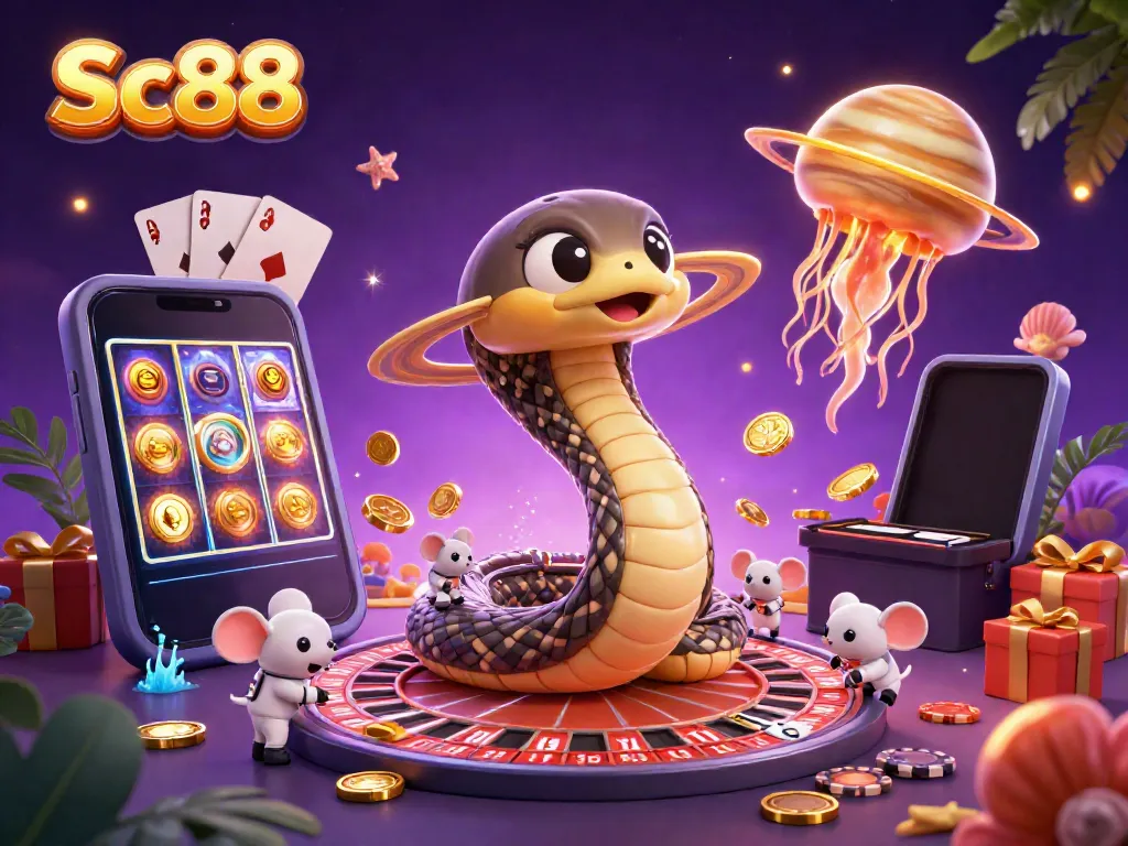 Experience the vibrant gambling world of Sc88 with a dynamic gambling illustration featuring cosmic casino elements.
