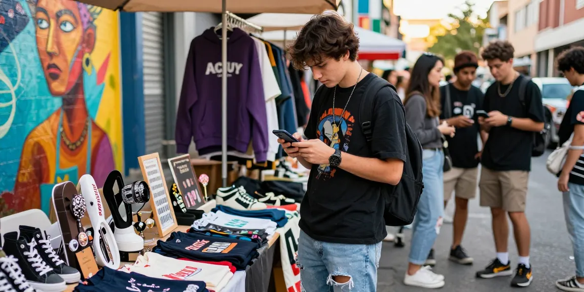 Youth checking the Acbuy spreadsheet while shopping at a vibrant street market for fashion items.