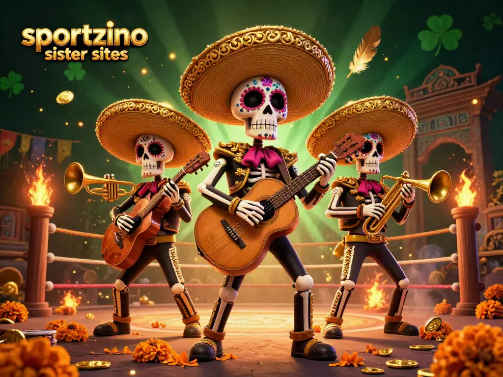 Engage with sportzino sister sites through vibrant 3D illustration featuring skeleton mariachi band and dynamic casino elements.