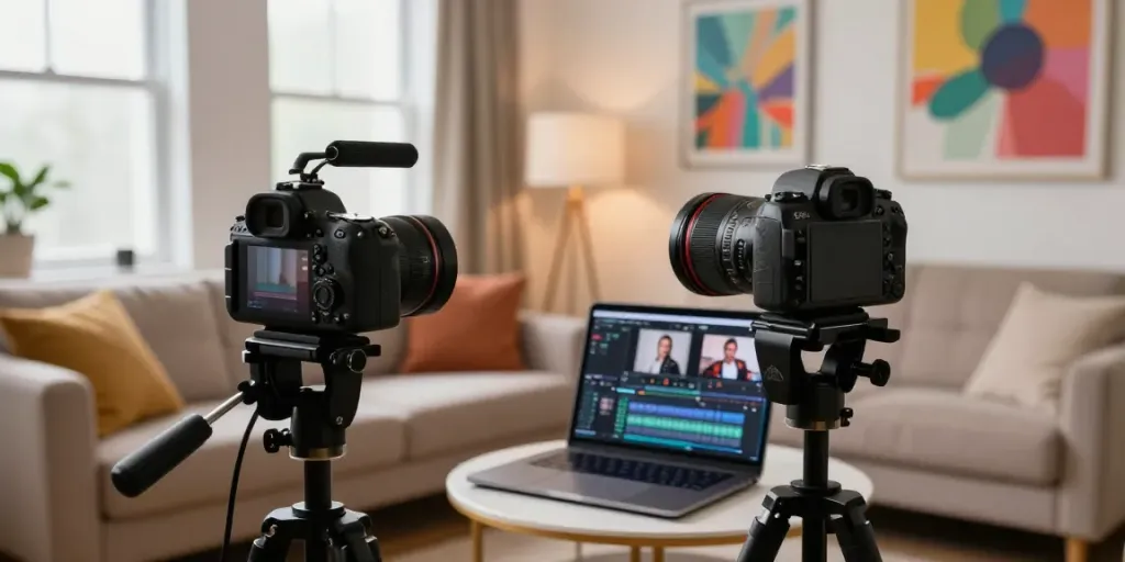 Ari Kytsya porn creator filming content in a stylish home studio with vibrant decorations.