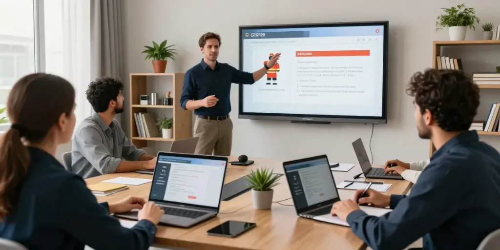 Engaged professionals in a virtual classroom learning about CFPS Certification Saudi Arabia during fire safety training.