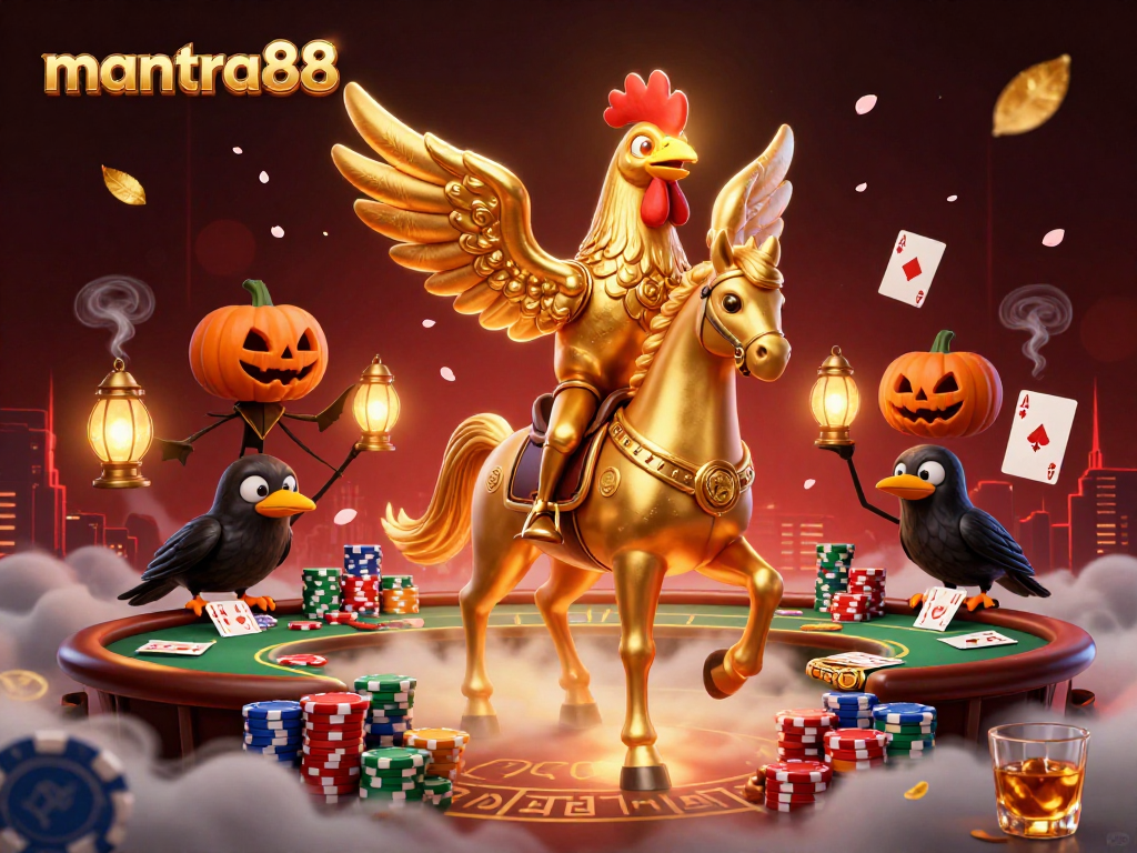 Engage in thrilling poker action with mantra88 in a vibrant casino scene featuring a golden rooster.