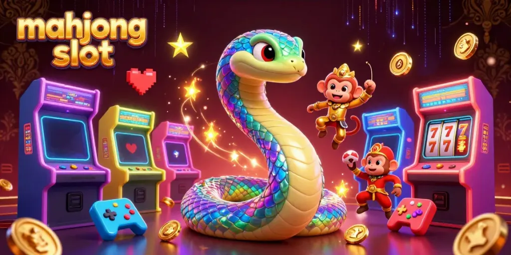 Engage with exciting mahjong slot action featuring colorful arcade machines and dynamic game characters.