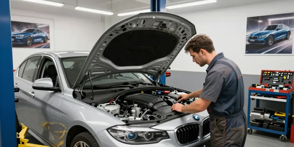 Mechaniker überprüft die BMW Steuerkette in einer Werkstatt für den BMW Steuerkette Wechsel