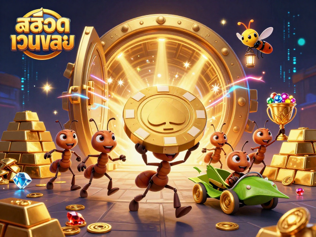 Play สล็อตเว็บตรง by observing a team of ants carrying a massive golden poker chip in an exciting heist scene