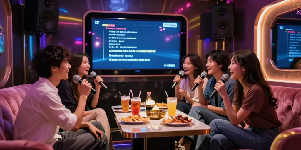 강남 달토의 고급스러운 가라오케룸에서 친구들이 즐거운 시간을 보내는 모습