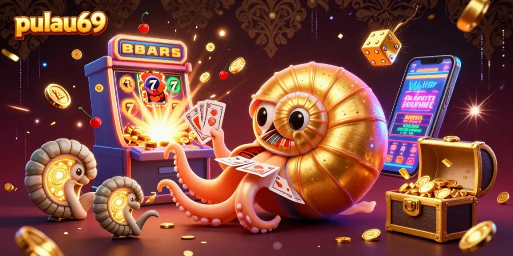 Experience pulau69 excitement with a dazzling 3D casino scene featuring giant nautilus and jackpot elements.