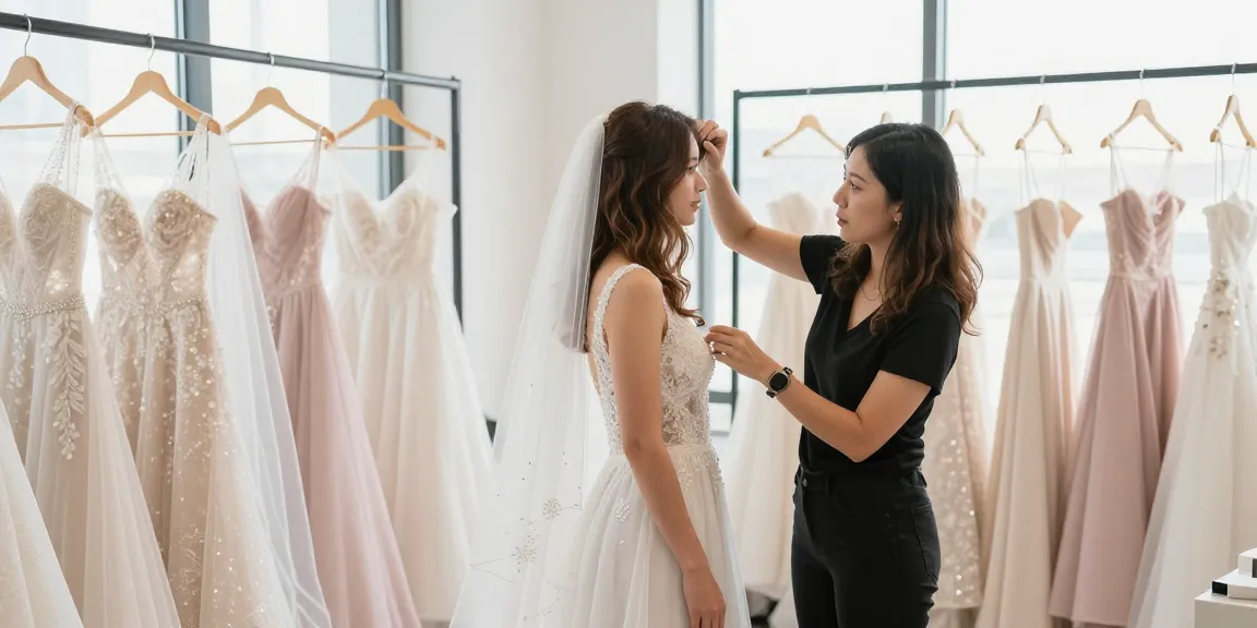 Consulenza di bridal styling con una stilista e una sposa, accessori eleganti in un ambiente luminoso.