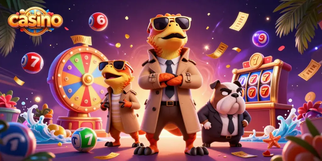 Three raptors in a trench coat attempt to enter a casino while surrounded by colorful game elements.