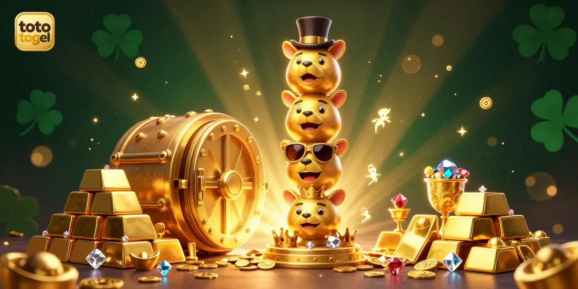 Win big with toto togel as a colorful golden totem pole surrounded by treasures in an exciting casino scene.