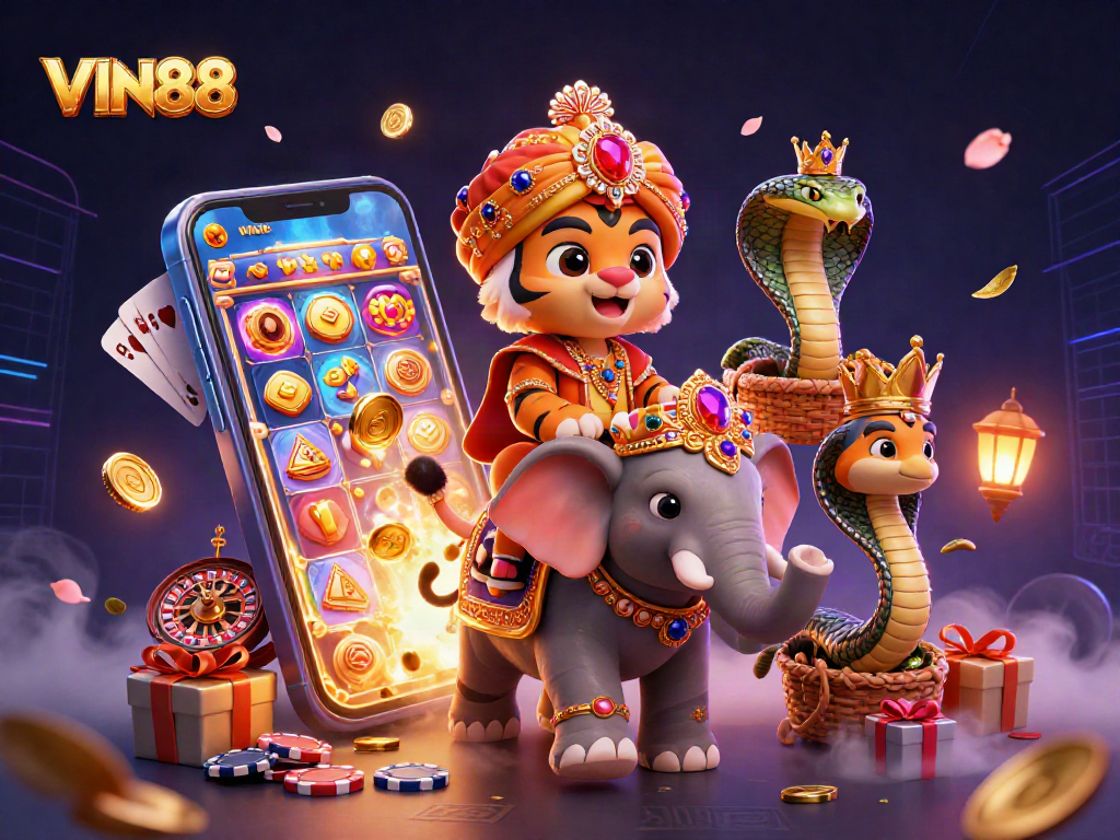 Spin the reels and win big with VIN88 at this vibrant online casino illustration.