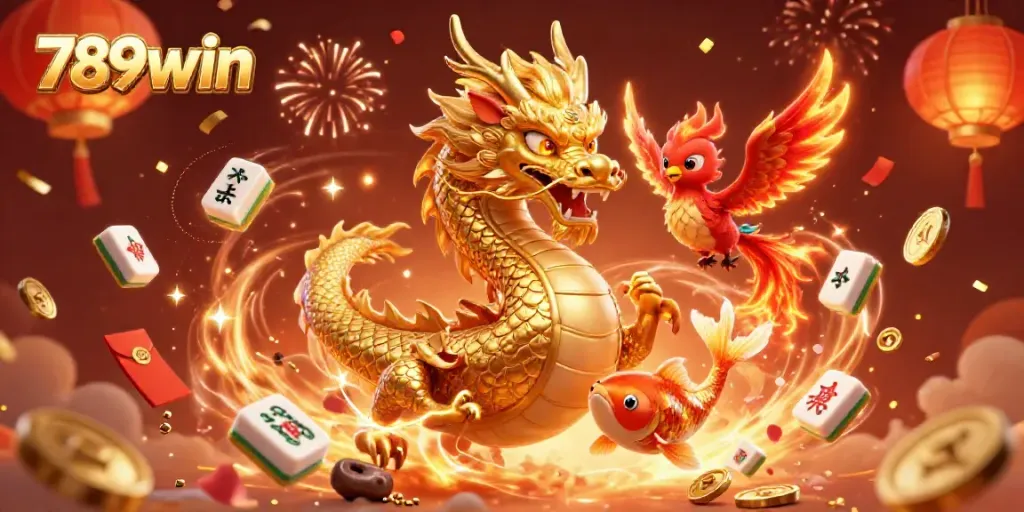 Experience the thrill of 789win with a vibrant dragon, phoenix, and koi fish showering coins.
