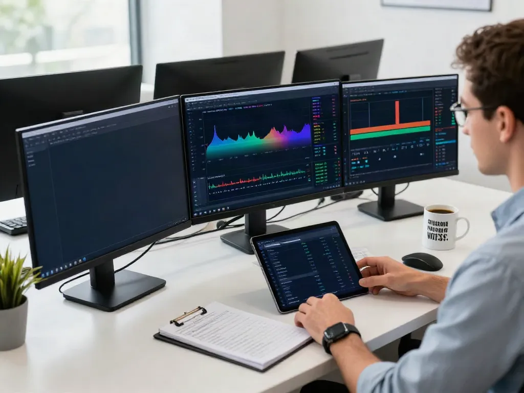 Trader using MetaTrader 5 on multiple screens in a modern trading office.