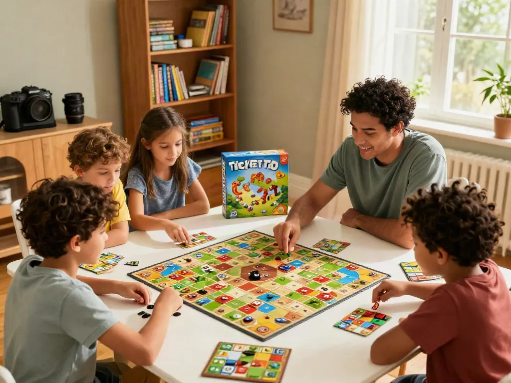 Family enjoying board games like Ticket to Ride and Catan together in a cozy living room.