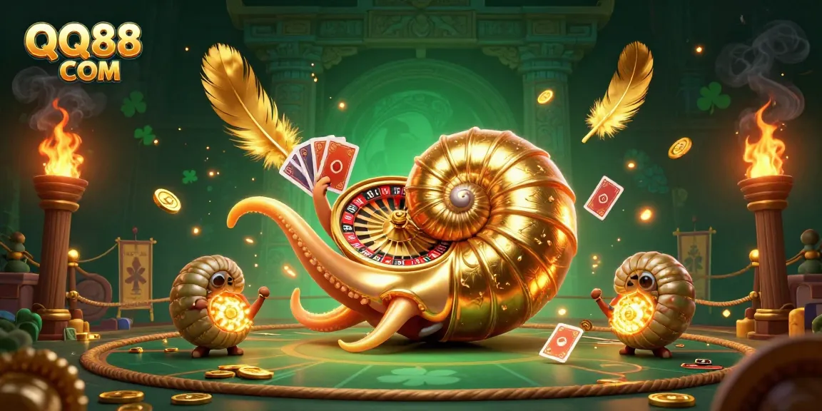 Experience thrill and excitement at QQ88 COM with a dazzling 3D casino illustration showcasing a giant nautilus roulette.