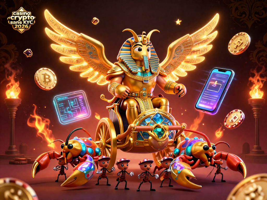 Plongez dans l'univers du casino crypto sans KYC 2026 avec ce scarabée colossal en armure et des scorpions précieux.