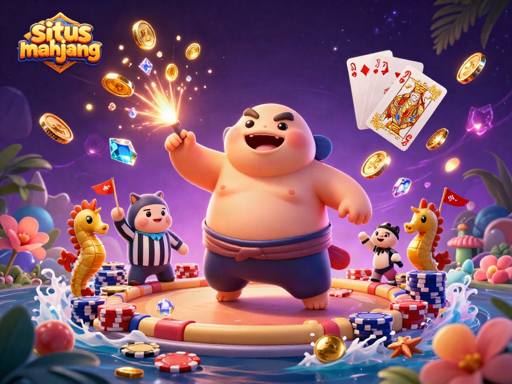 Engage in situs mahjong with a vibrant 3D underwater casino scene featuring colorful characters and game elements.