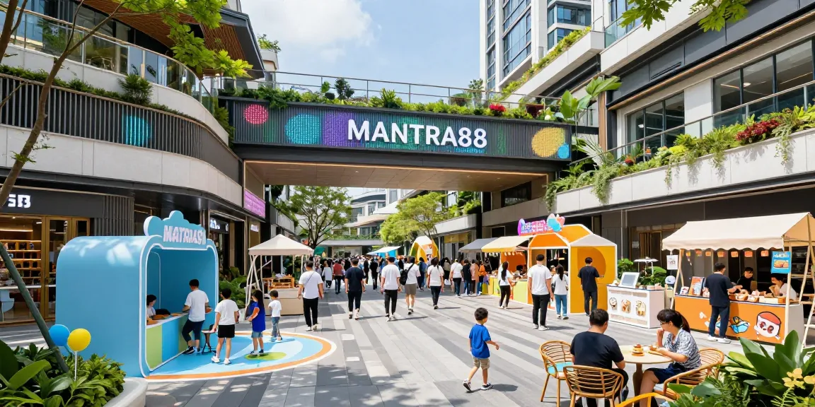 Explore www.mgoldproperties.com modern commercial property, visitors enjoying MANTRA88's vibrant entertainment and architecture.