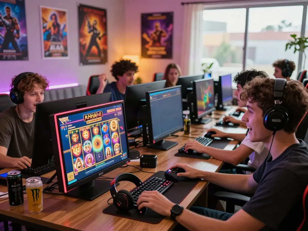 AHHA 4D online gaming environment with players enjoying vibrant slot machines and game accessories in an inviting atmosphere.