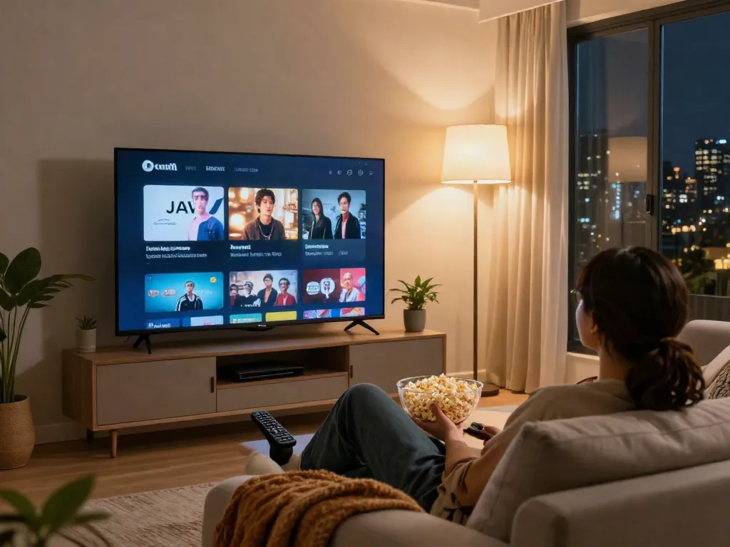 Enjoying the latest uncensored JAV Sub Indo in a cozy living room.