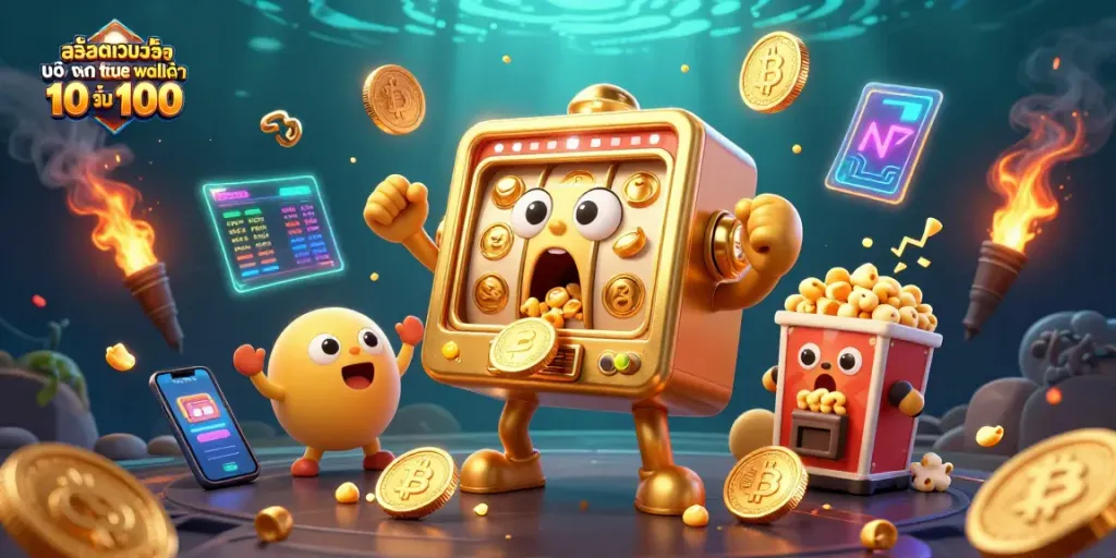 สล็อตเว็บตรง ฝาก ถอน true wallet ไม่มี ขั้น ต่ำ 10 รับ 100 แสดงสล็อตแมชชีนทองคำที่ชนะรางวัลแจ็คพอตและเหรียญไหลออกจากปาก